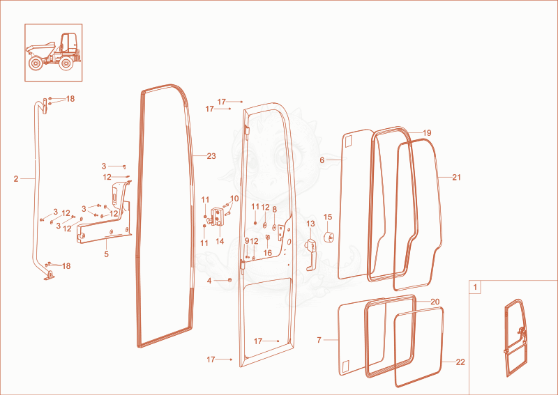 Exploded parts diagram of the CABIN DOOR right (Option) of a Wacker Neuson DW90-2, with numbered balloons