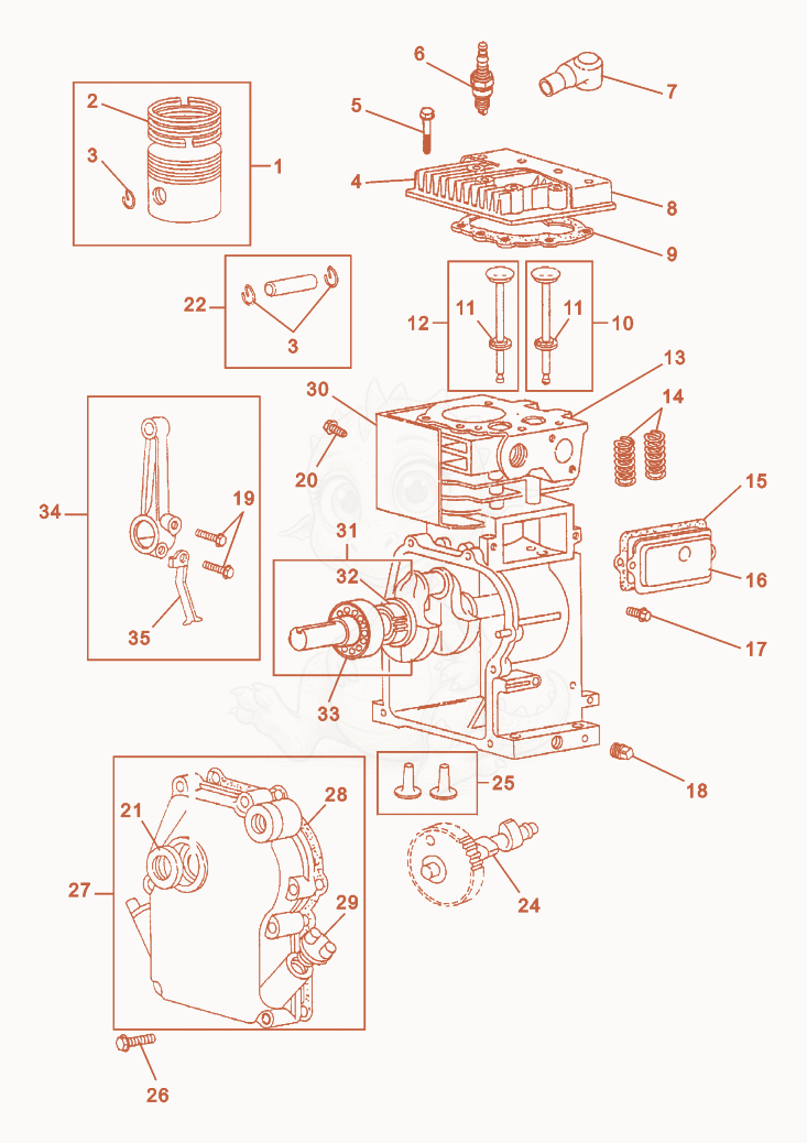 Exploded parts diagram of the Crankcase cpl. of a Wacker Neuson PDT2B, with numbered balloons