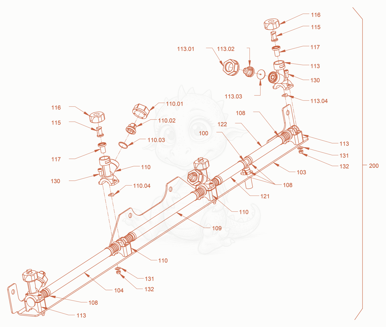 Exploded parts diagram of the sprinkling of a Wacker Neuson RD45-140US, with numbered balloons