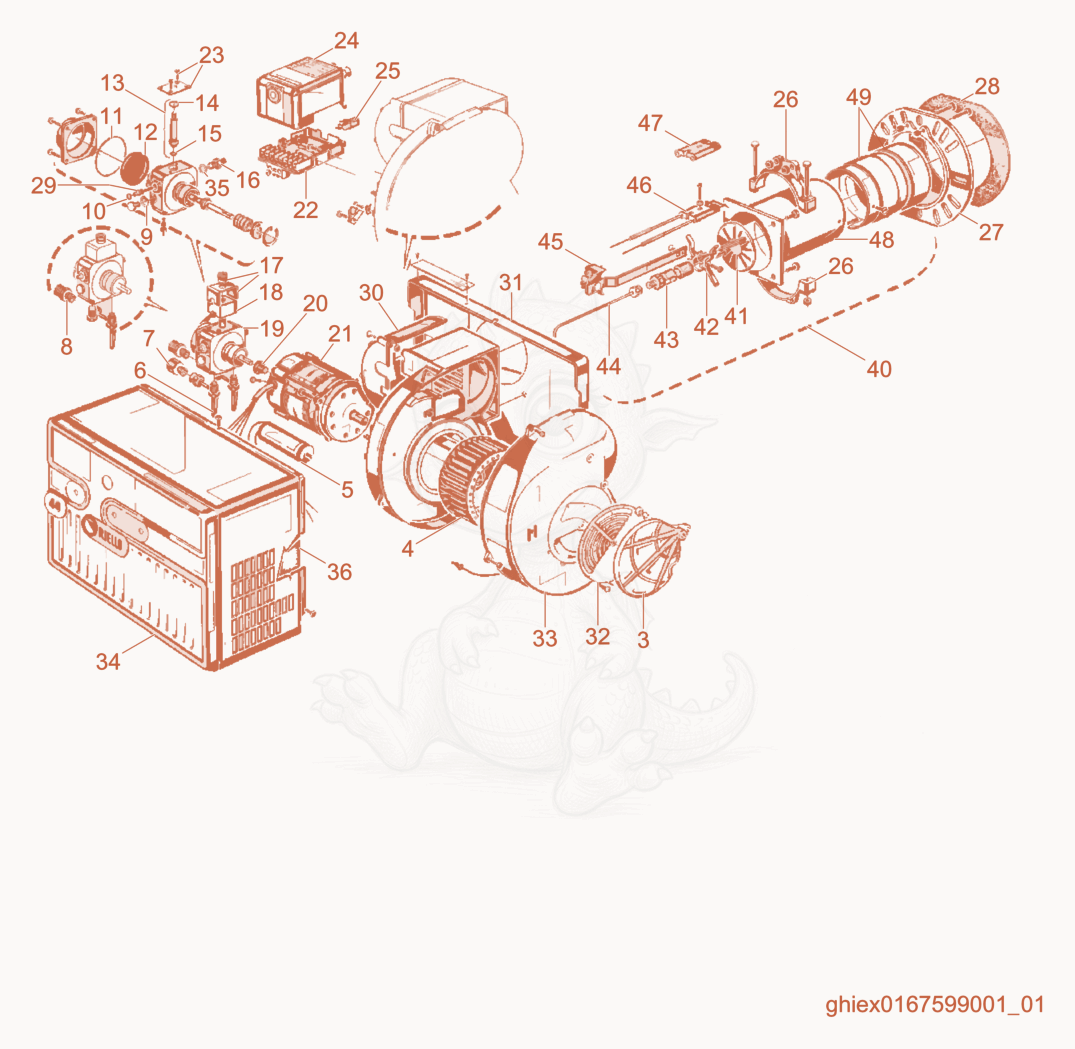 Despiece del Burner cpl. (Diesel) de una máquina Wacker Neuson CUB700, con globos numerados