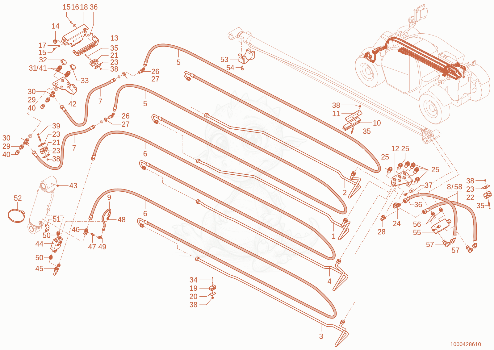 Exploded parts diagram of the Hydraulics Tele of a Wacker Neuson TH627(418-22), with numbered balloons
