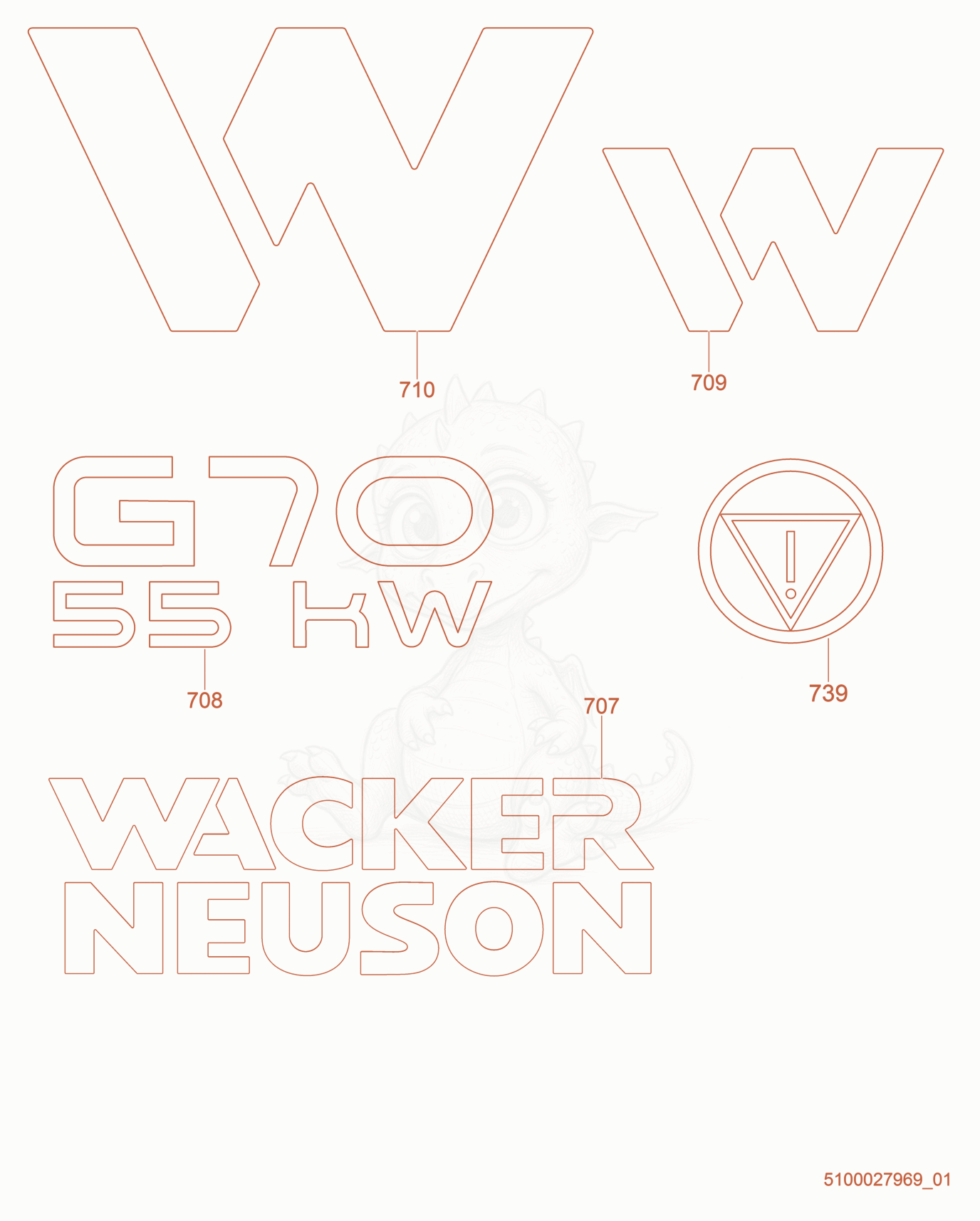 Exploded parts diagram of the Labels of a Wacker Neuson G70, with numbered balloons