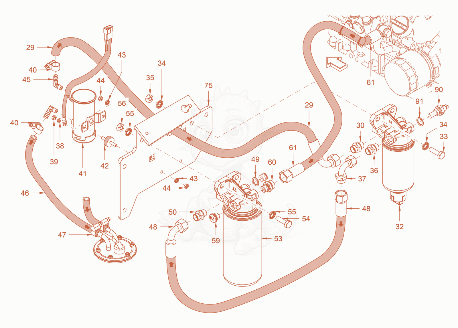 Exploded parts diagram of the Fuel system of a Wacker Neuson RD45-140, with numbered balloons