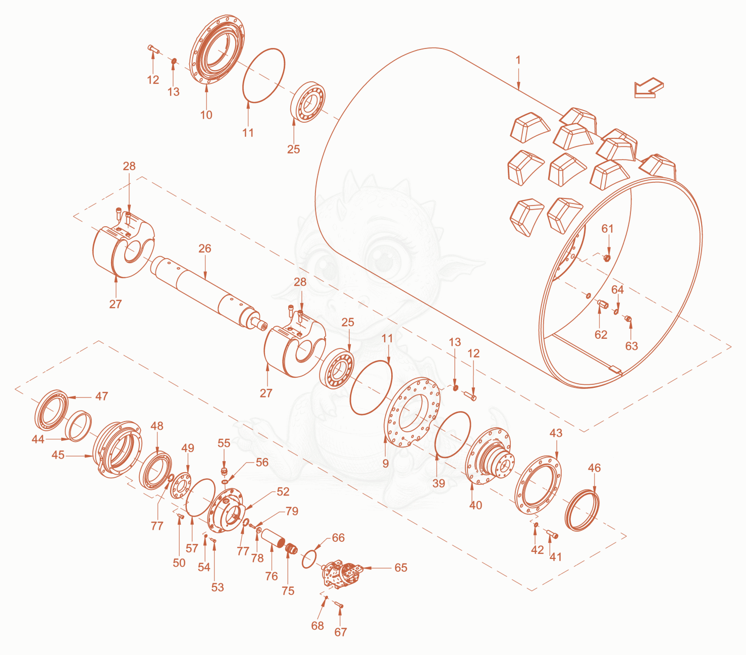 Exploded parts diagram of the roller drum of a Wacker Neuson RC70PDPFROPS, with numbered balloons