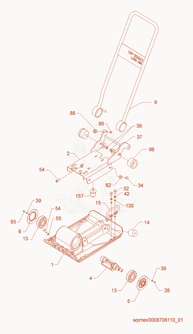 Exploded parts diagram of the Baseplate/Console cpl. of a Wacker Neuson VP1550RW, with numbered balloons