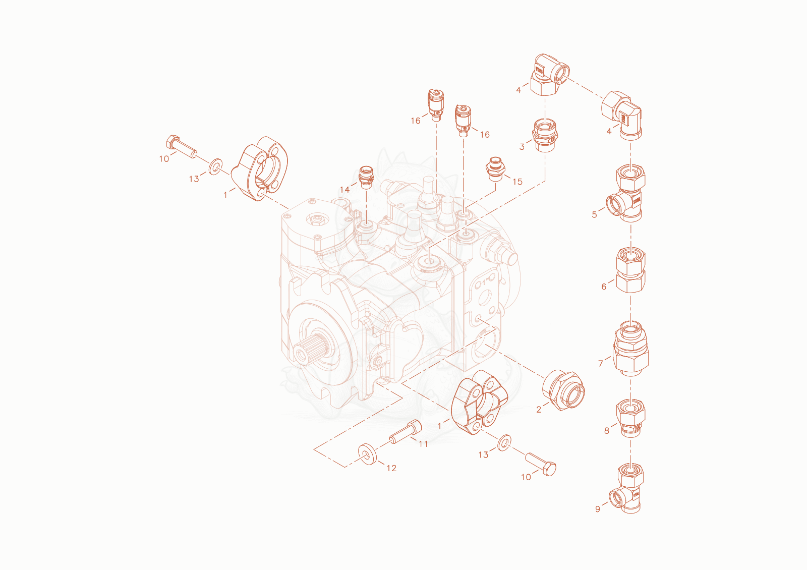 Despiece del screw joint displacement pump de una máquina Wacker Neuson WL70T4F, con globos numerados