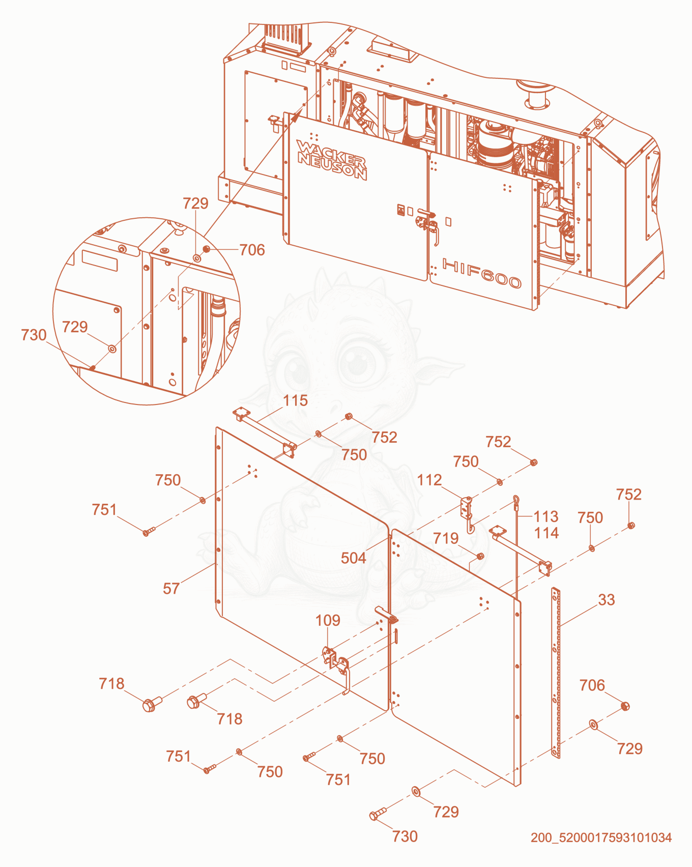 Despiece del Curbside Enclosure Panels de una máquina Wacker Neuson HIF600, con globos numerados