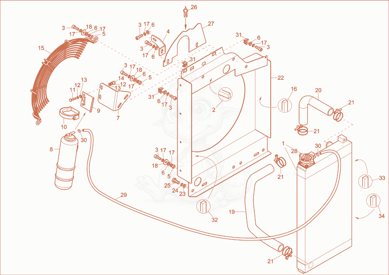 Exploded parts diagram of the WATER COOLER of a Wacker Neuson ET16, with numbered balloons