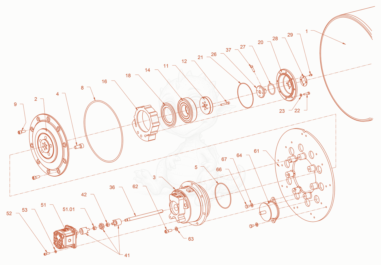 Exploded parts diagram of the smooth roller drum with vibrator of a Wacker Neuson RD18-100SE, with numbered balloons