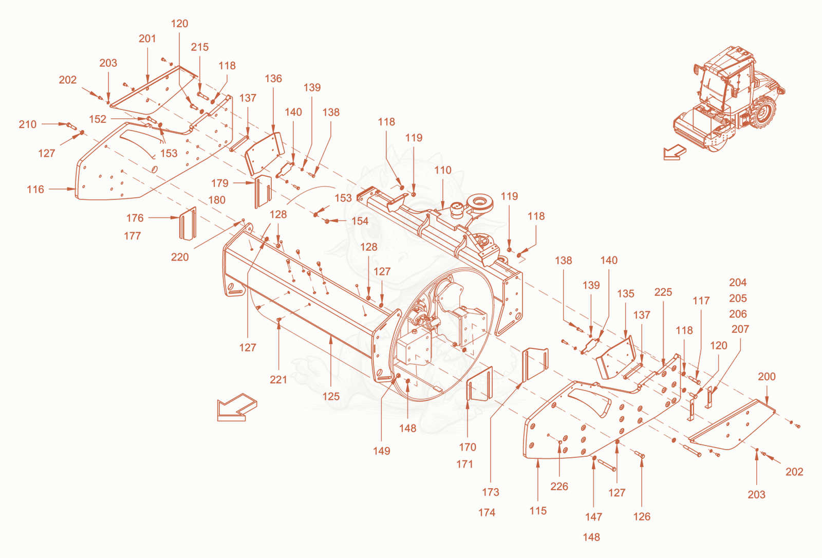 Exploded parts diagram of the main frame and assemblies of a Wacker Neuson RC50DPFCAB, with numbered balloons