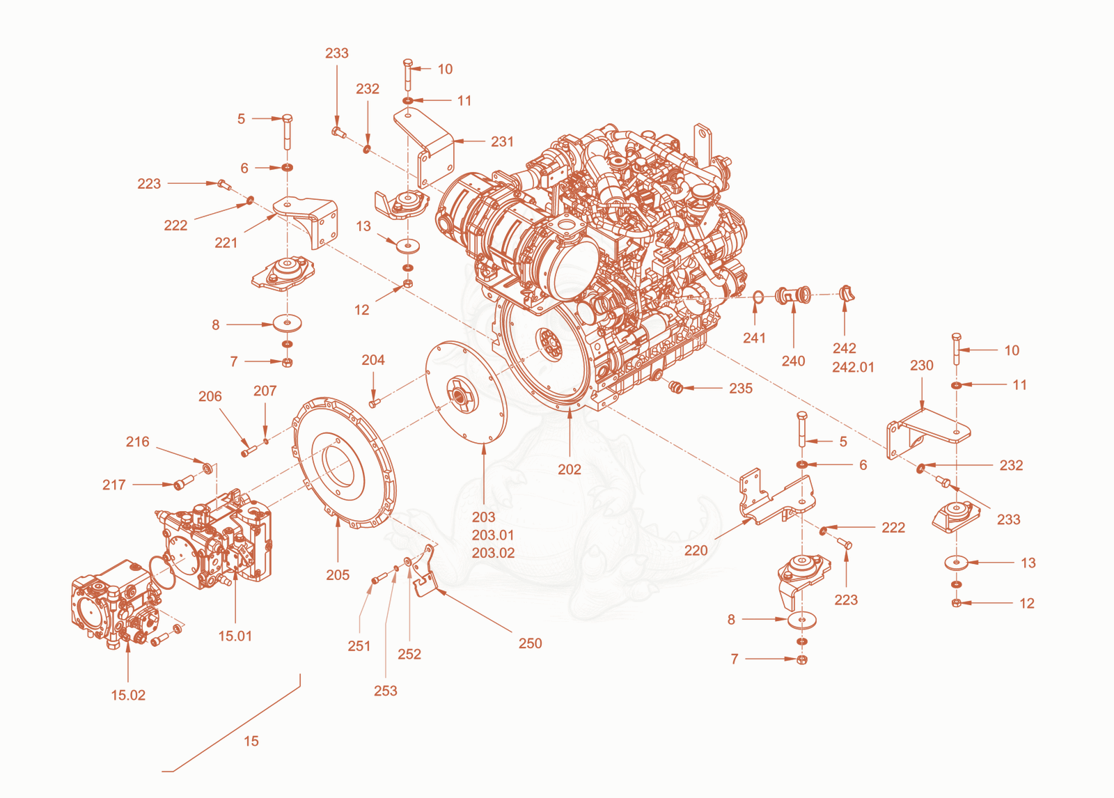Exploded parts diagram of the pump drive and engine assembly of a Wacker Neuson RC50DPFCAB, with numbered balloons