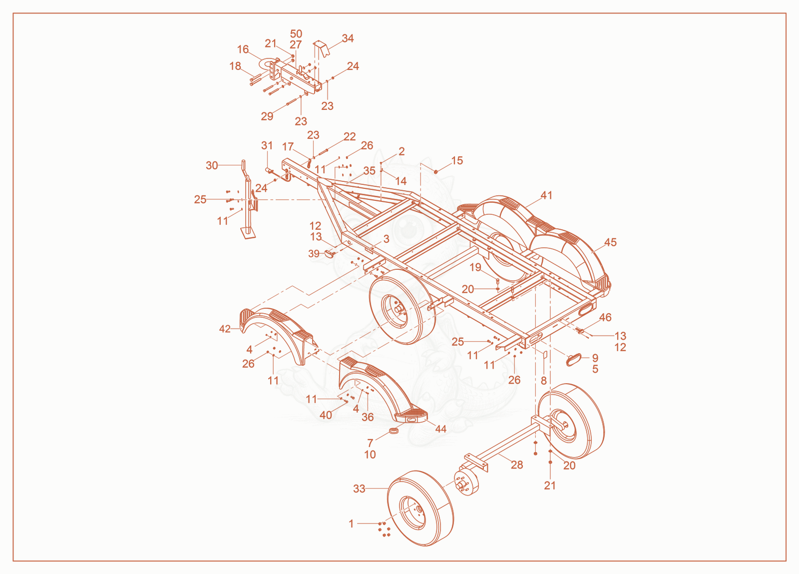 Exploded parts diagram of the Trailer Frame w/Surge Brake Tandem Axle of a Wacker Neuson G85, with numbered balloons