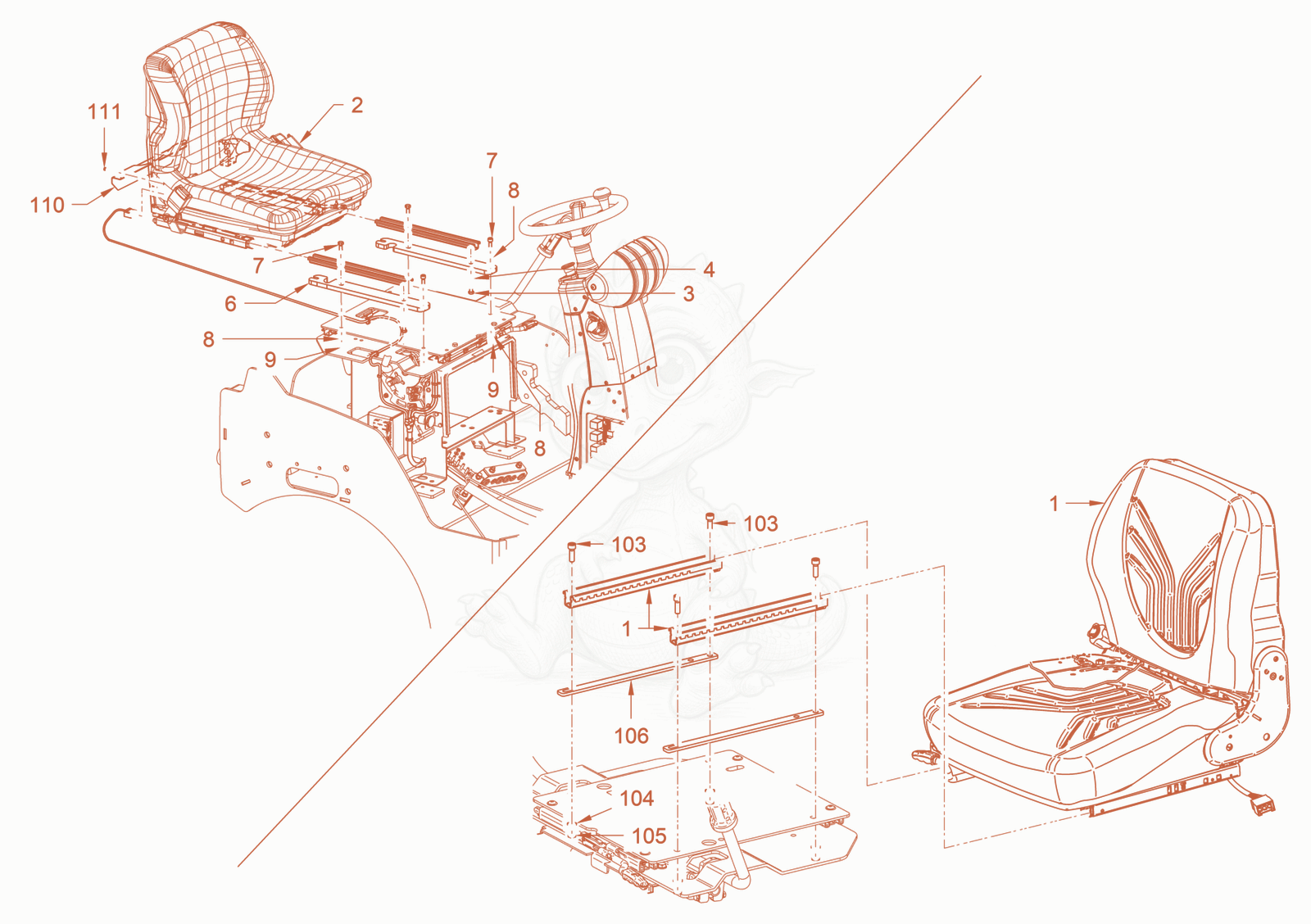 Exploded parts diagram of the operator's seat with adjustment of a Wacker Neuson RD28-120DPF, with numbered balloons