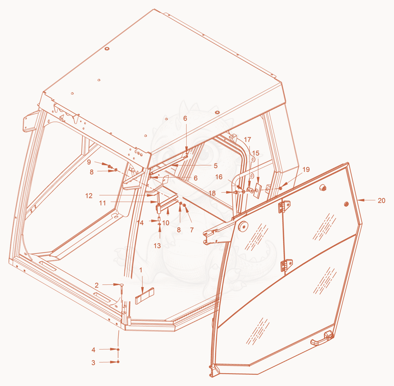 Exploded parts diagram of the driver's cabin of a Wacker Neuson RC110P, with numbered balloons