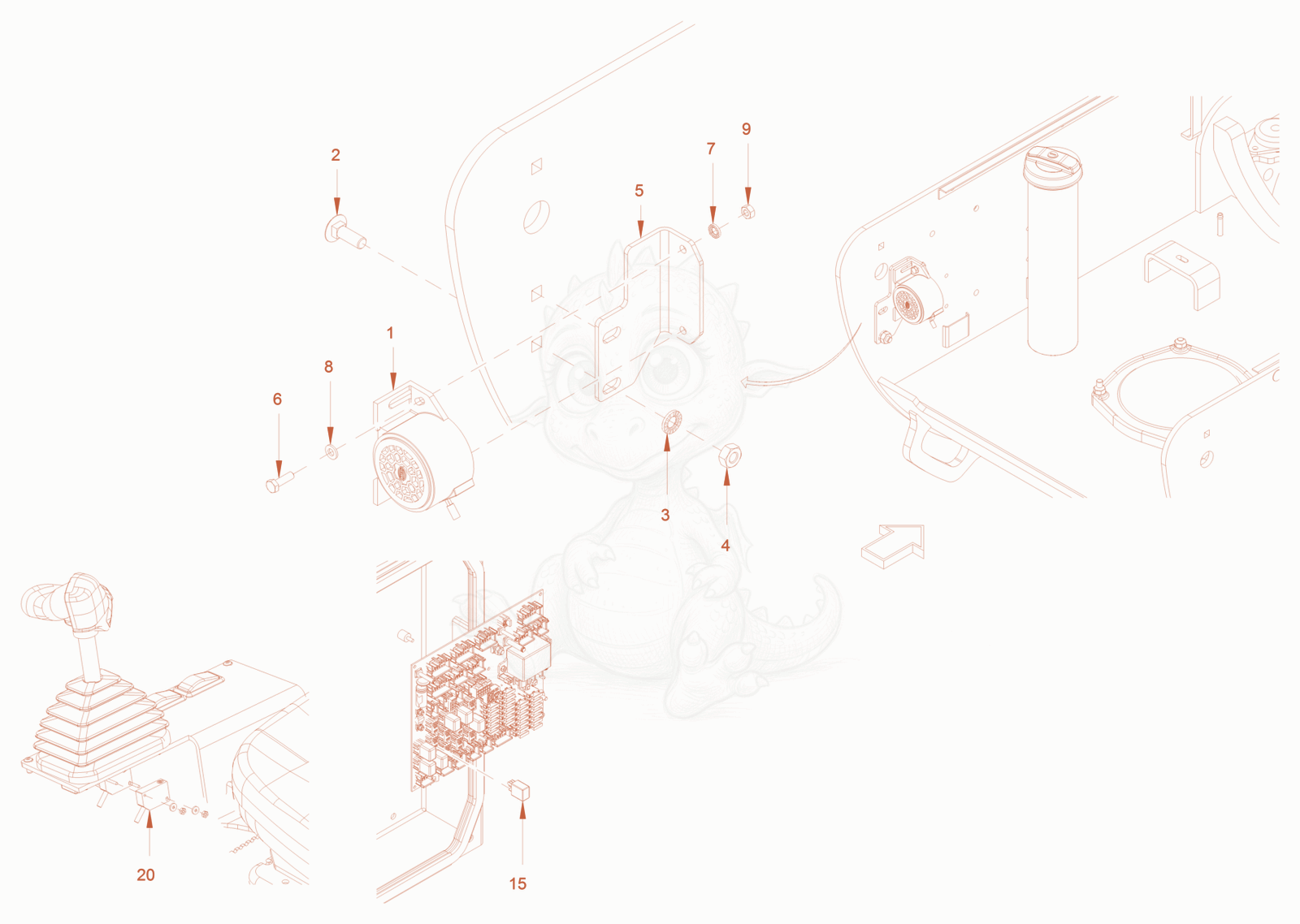 Exploded parts diagram of the back-up alarm of a Wacker Neuson RC70P, with numbered balloons