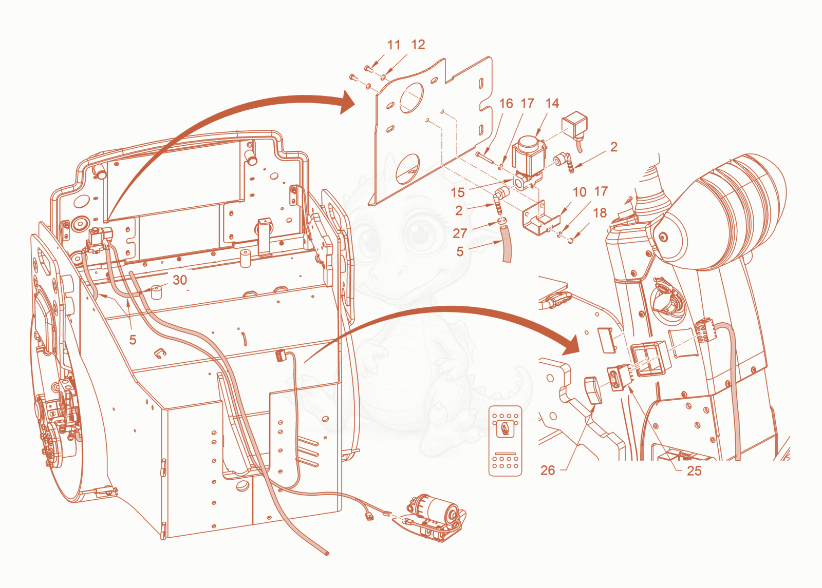 Exploded parts diagram of the edge pressing and cuttingdevice of a Wacker Neuson RD40-130CDPF, with numbered balloons