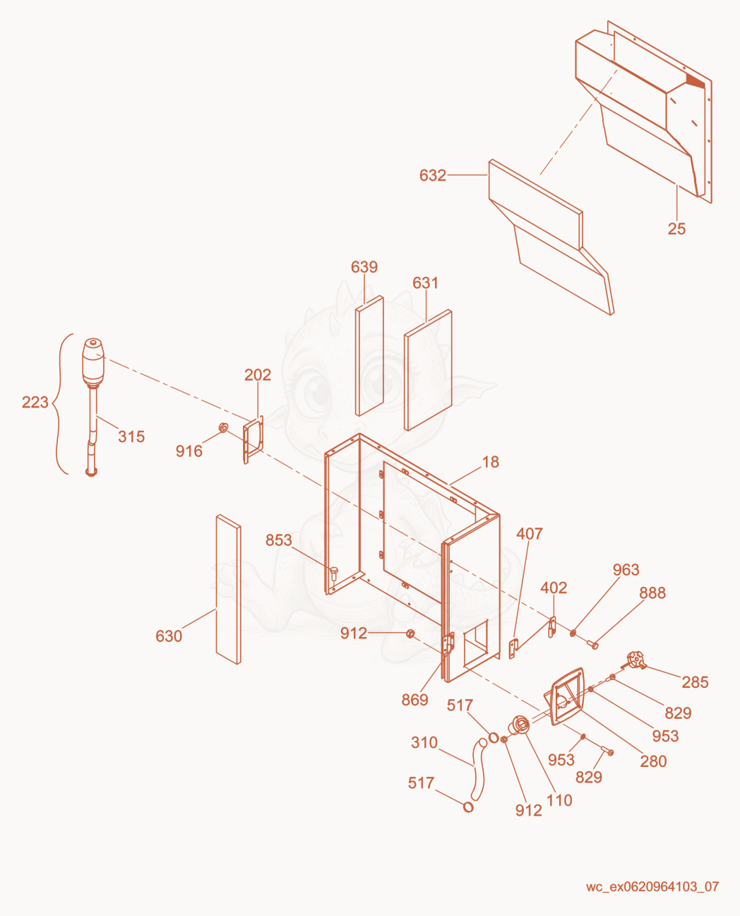 Exploded parts diagram of the Rear Enclosure w/Fuel Fill of a Wacker Neuson G50, with numbered balloons