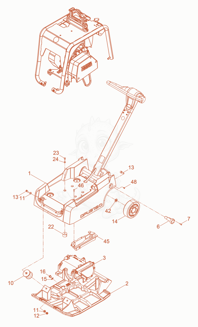Despiece del Vibration Plate de una máquina Wacker Neuson DPU3750HTSUS, con globos numerados
