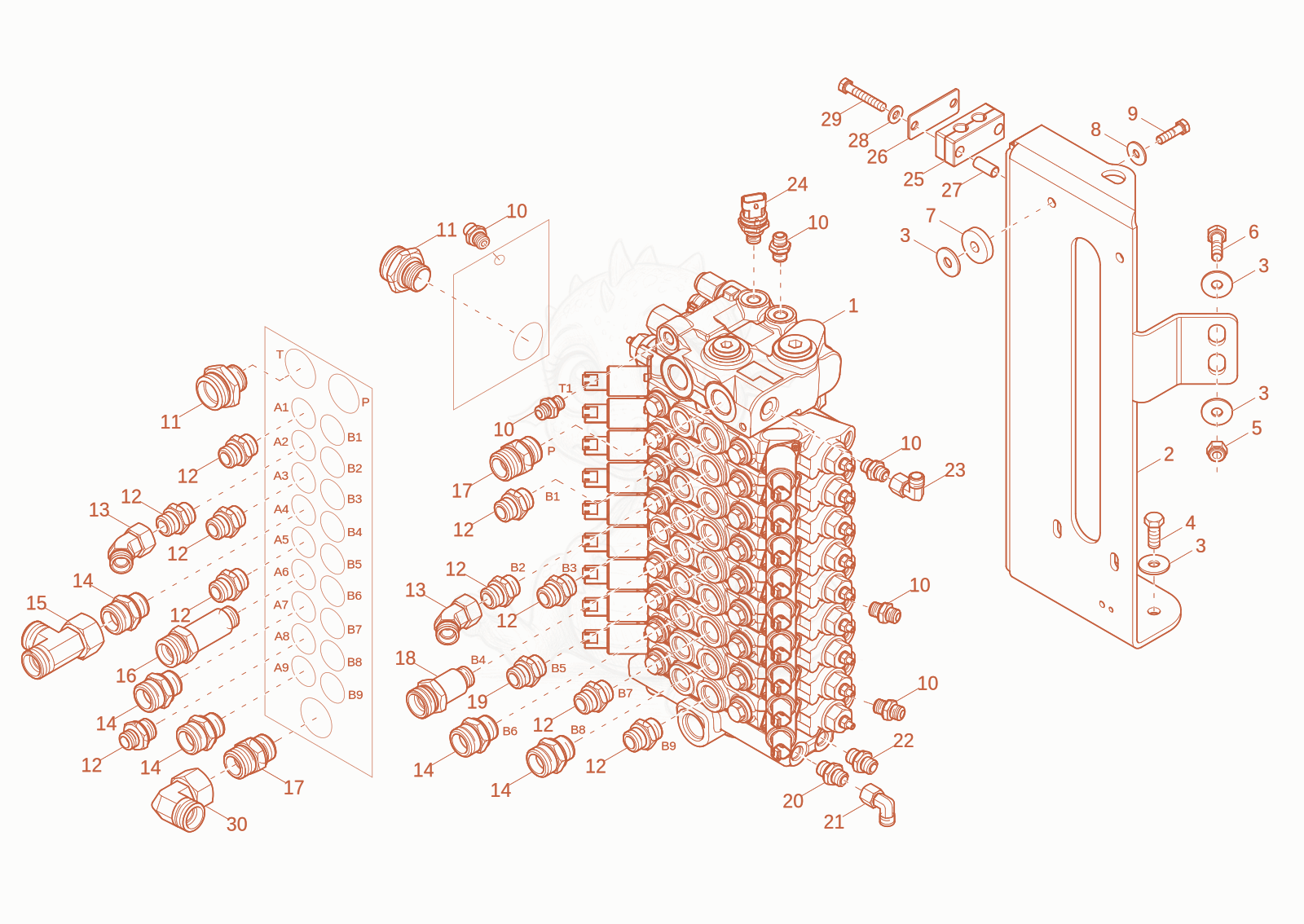 Exploded parts diagram of the CONTROL VALVE 1 of a Wacker Neuson EW100-2, with numbered balloons