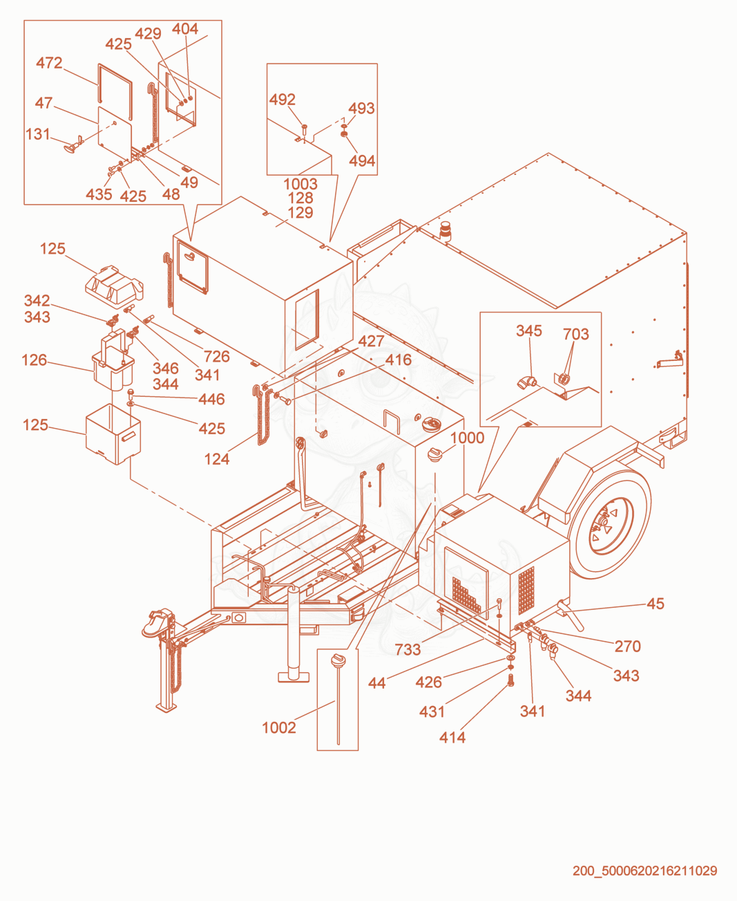 Exploded parts diagram of the Genset Enclosure cpl. of a Wacker Neuson E3000ES, with numbered balloons