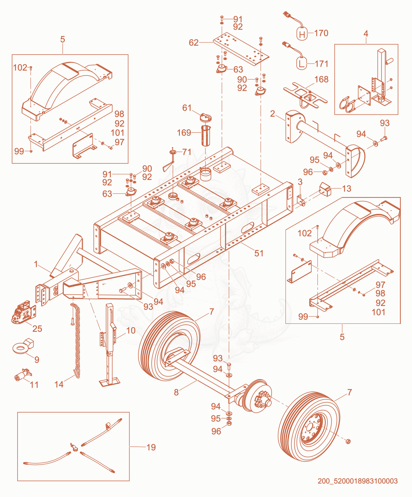 Exploded parts diagram of the Trailer cpl. of a Wacker Neuson APT8T, with numbered balloons