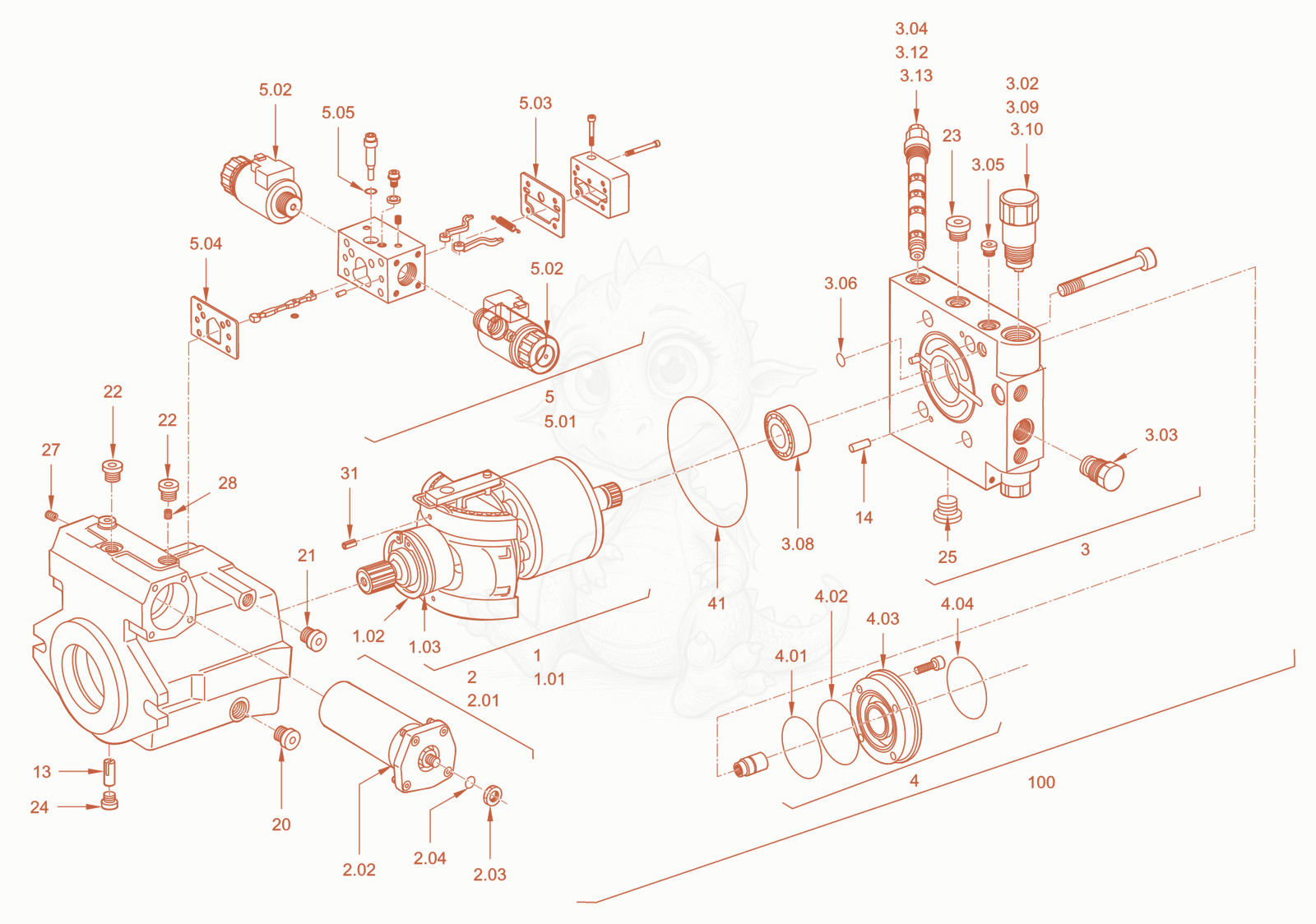 Exploded parts diagram of the variable displac. pump (vibr.) of a Wacker Neuson RC110PROPS, with numbered balloons