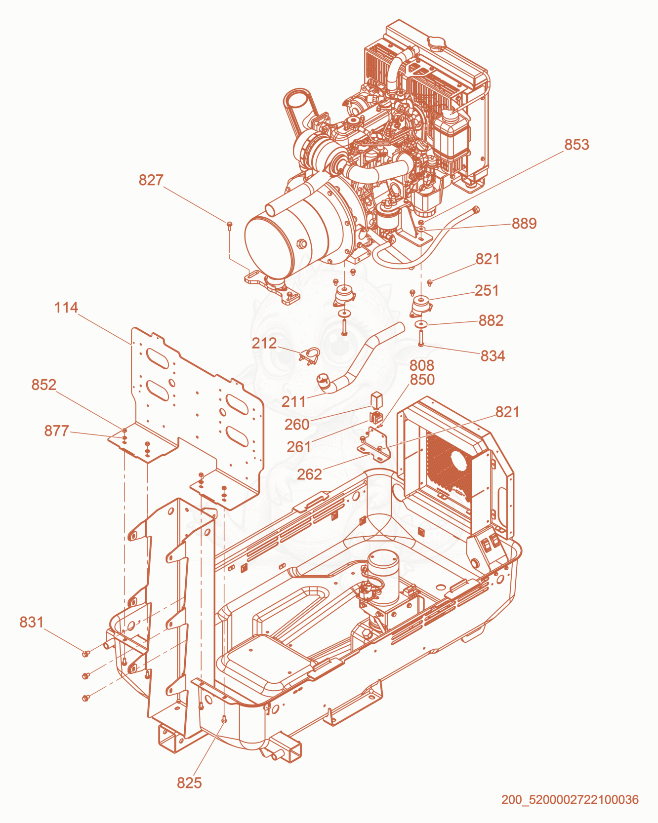 Exploded parts diagram of the Generator/Engine Support/Exhaust Pipe of a Wacker Neuson LTN8K-VS, with numbered balloons
