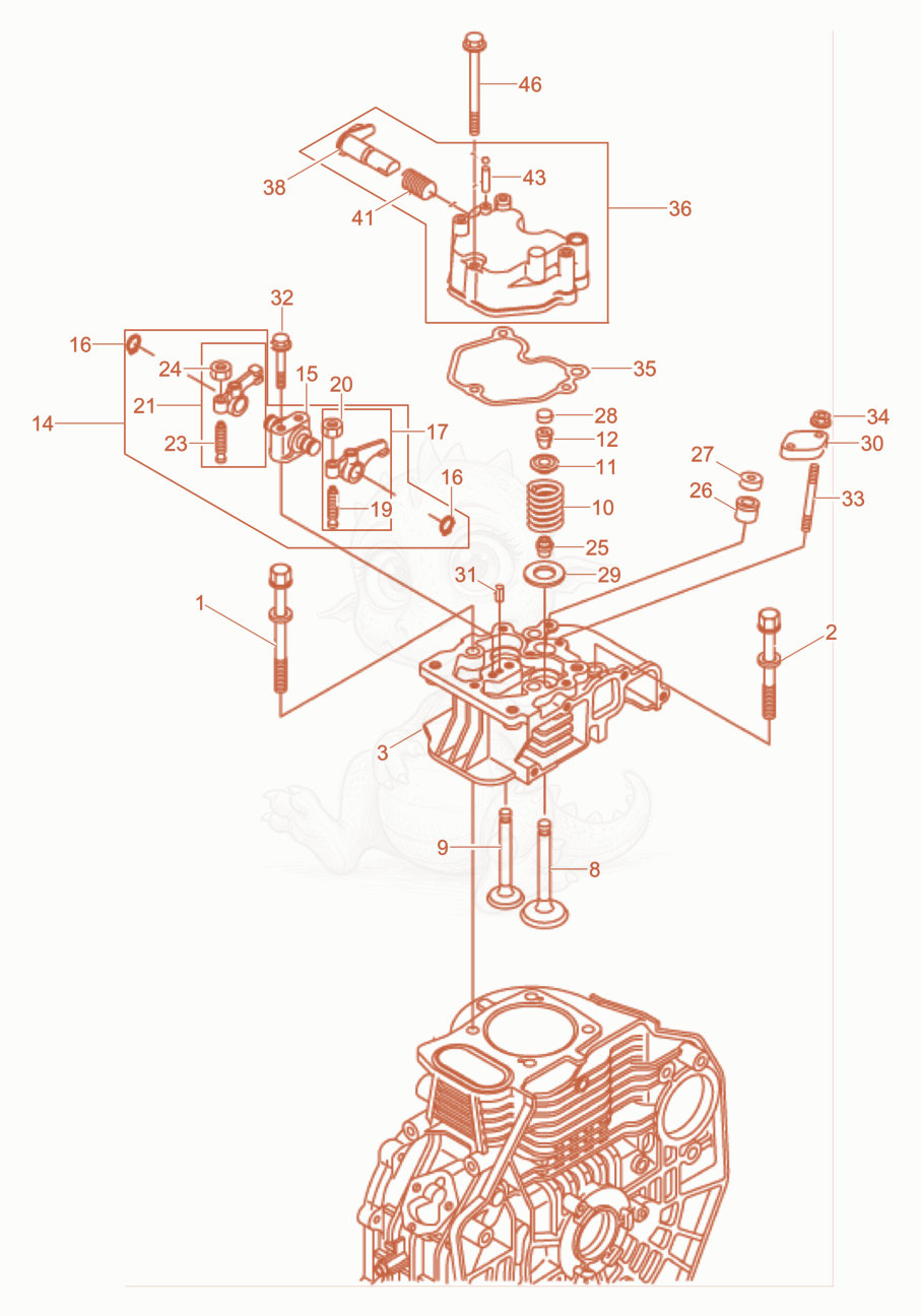 Exploded parts diagram of the Cylinder head of a Wacker Neuson DPU4045YEHZF, with numbered balloons
