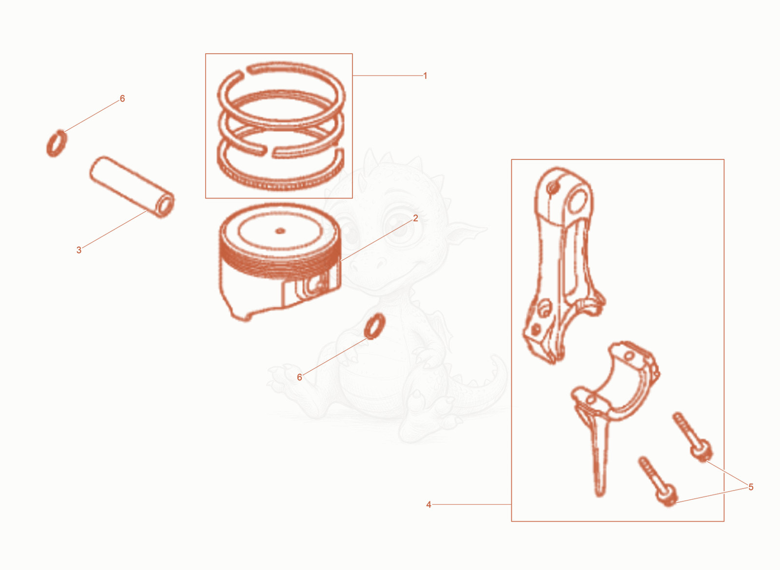 Exploded parts diagram of the Piston - Connecting rod of a Wacker Neuson BS70-4AS11IN, with numbered balloons