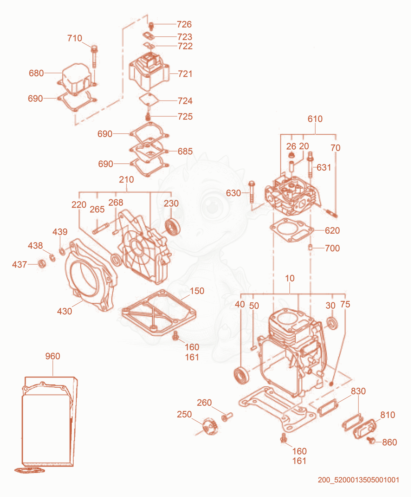 Exploded parts diagram of the Crankcase cpl. of a Wacker Neuson MS54, with numbered balloons
