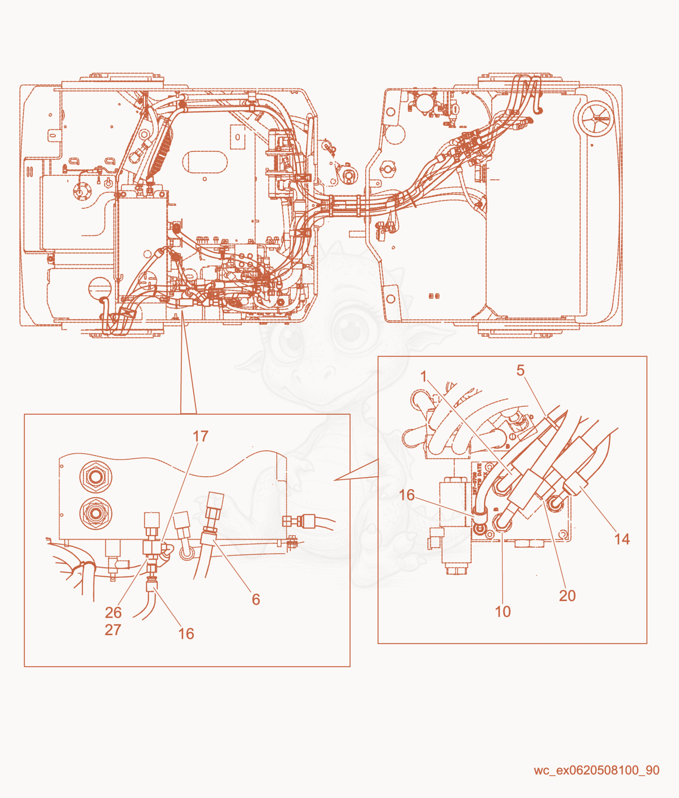 Exploded parts diagram of the Flow Divider Connectors of a Wacker Neuson RD27-100, with numbered balloons
