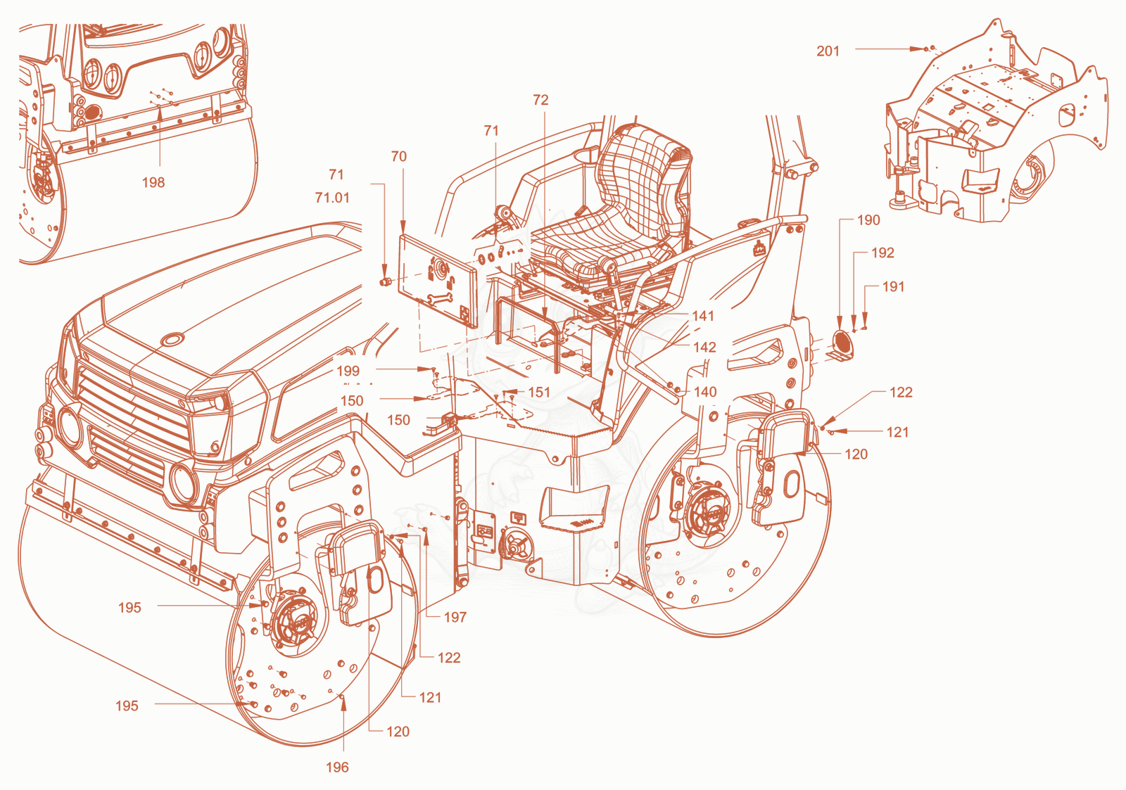 Exploded parts diagram of the canopies and covers of a Wacker Neuson RD45-140OUS, with numbered balloons