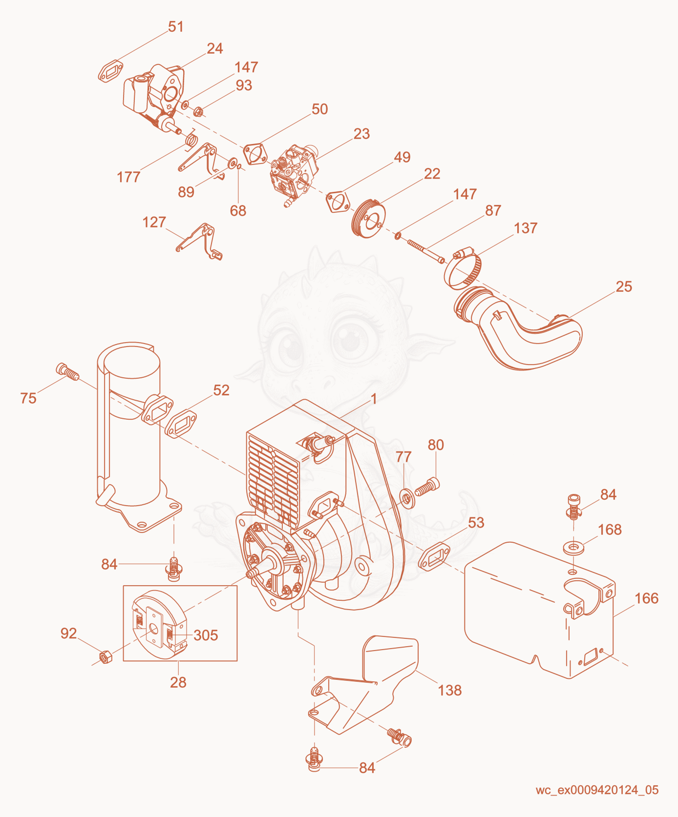 Exploded parts diagram of the Engine cpl. of a Wacker Neuson BS50-2, with numbered balloons