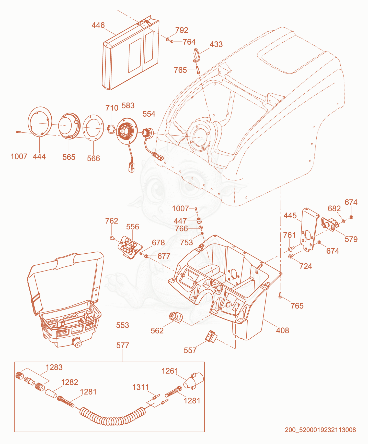 Exploded parts diagram of the Rear Section/Controls of a Wacker Neuson RTL82-SC3, with numbered balloons