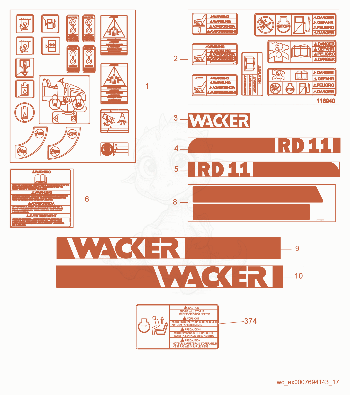 Exploded parts diagram of the Labels of a Wacker Neuson RD11A, with numbered balloons