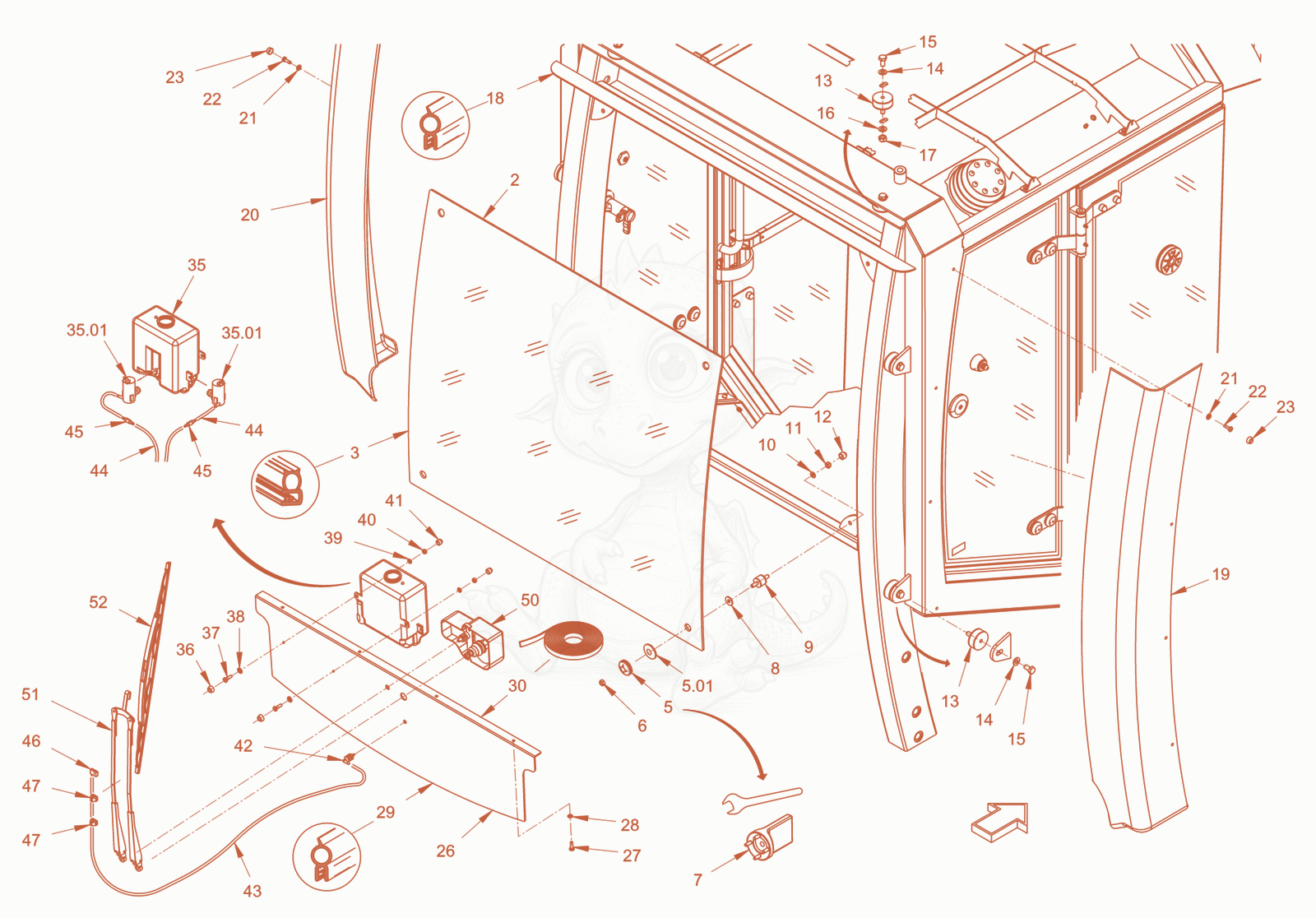 Exploded parts diagram of the driver's cabin of a Wacker Neuson RD45-140, with numbered balloons