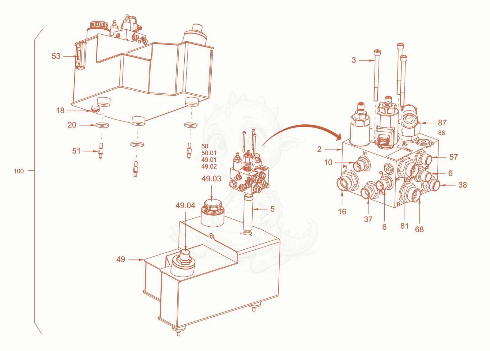 Exploded parts diagram of the hydraulic oil tank of a Wacker Neuson RD18-100.3, with numbered balloons
