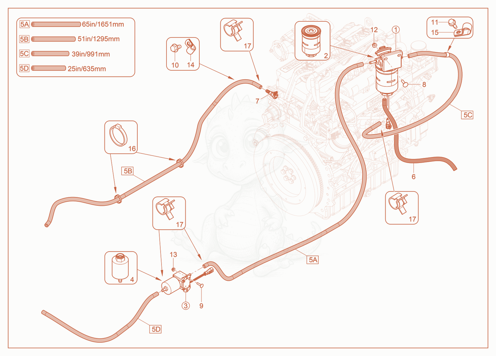 Exploded parts diagram of the Fuel Hoses and Filter of a Wacker Neuson ST27, with numbered balloons