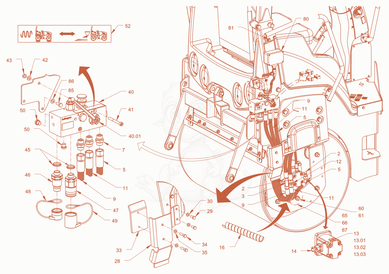 Exploded parts diagram of the hydraulic equipment cylinder spreader of a Wacker Neuson RD28-120DPF, with numbered balloons