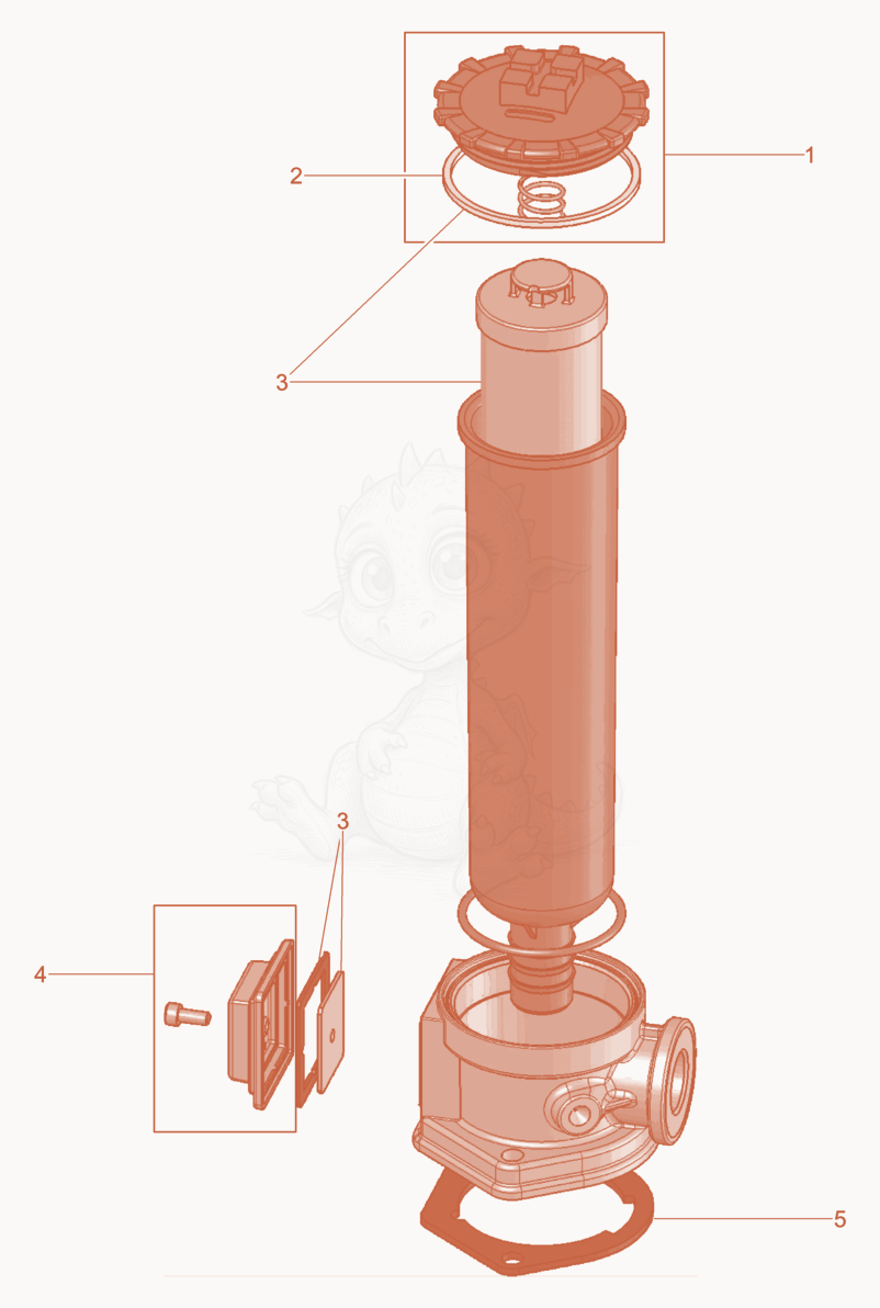 Despiece del Return filter de una máquina Wacker Neuson DPU130LE, con globos numerados