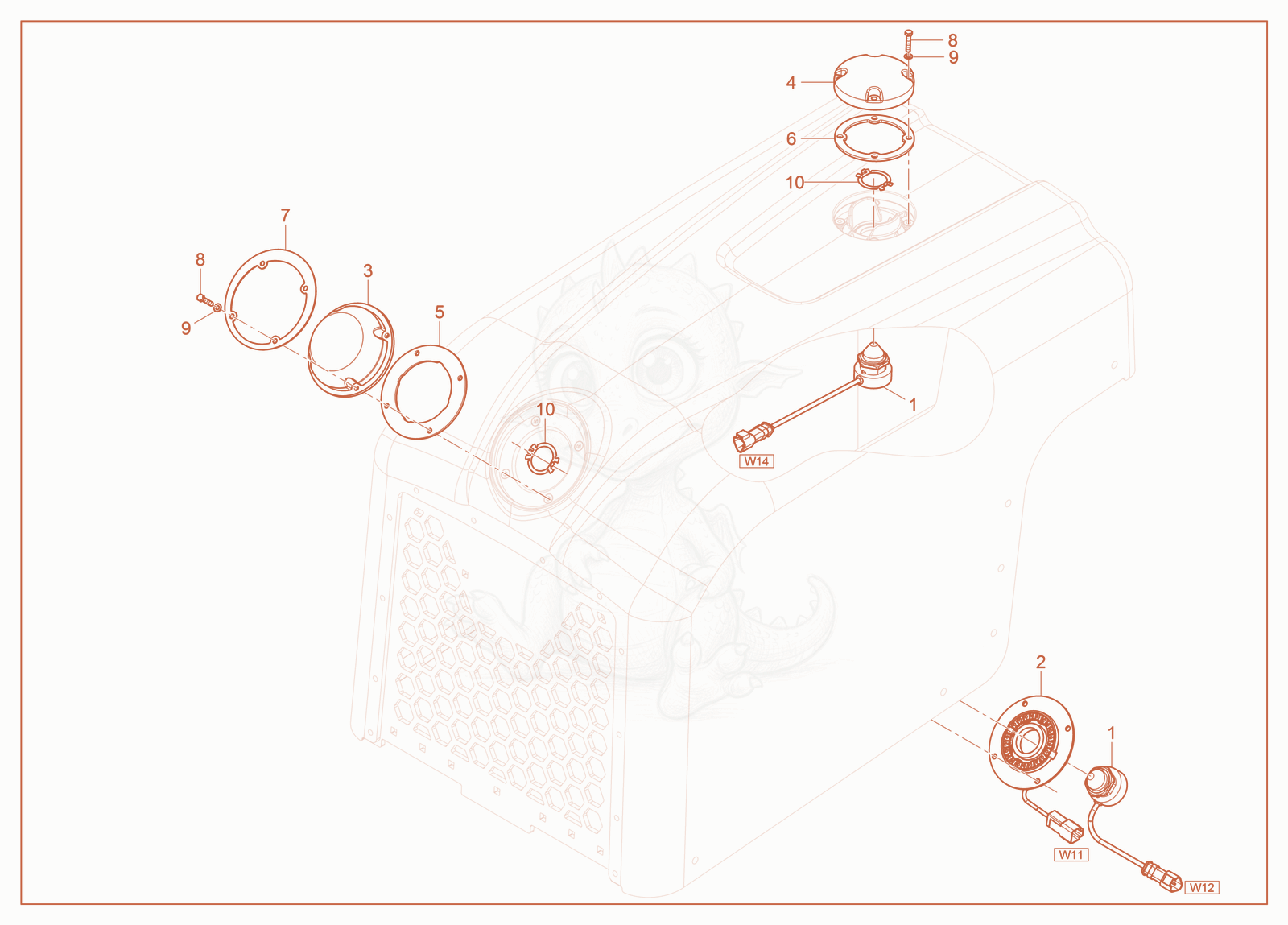 Exploded parts diagram of the Front Infrared Sensor of a Wacker Neuson RTLX-SC3, with numbered balloons