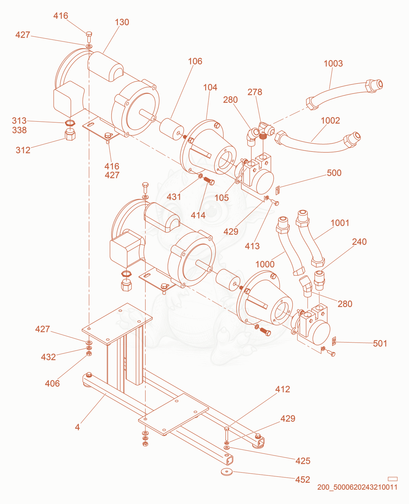 Exploded parts diagram of the Motor/Pump cpl. of a Wacker Neuson HSH700G, with numbered balloons
