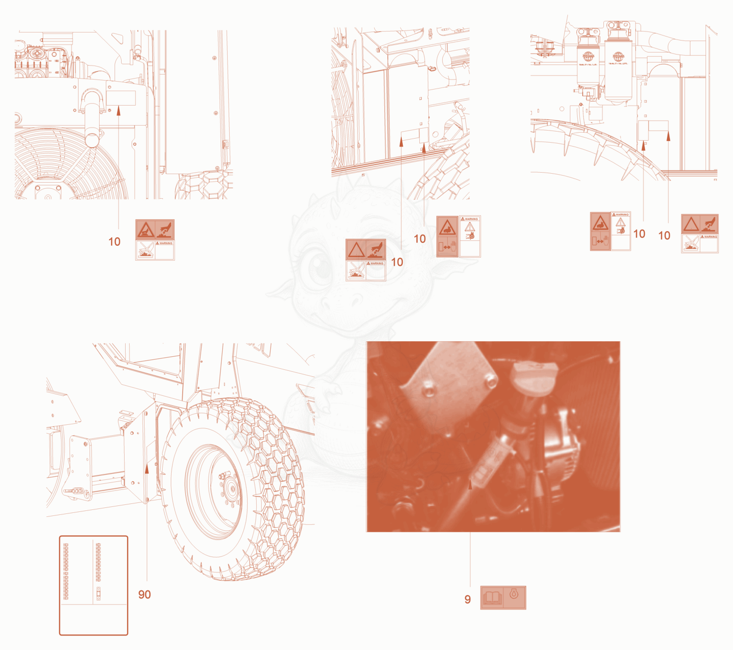 Exploded parts diagram of the sticker arrangement of a Wacker Neuson RC70PUS, with numbered balloons