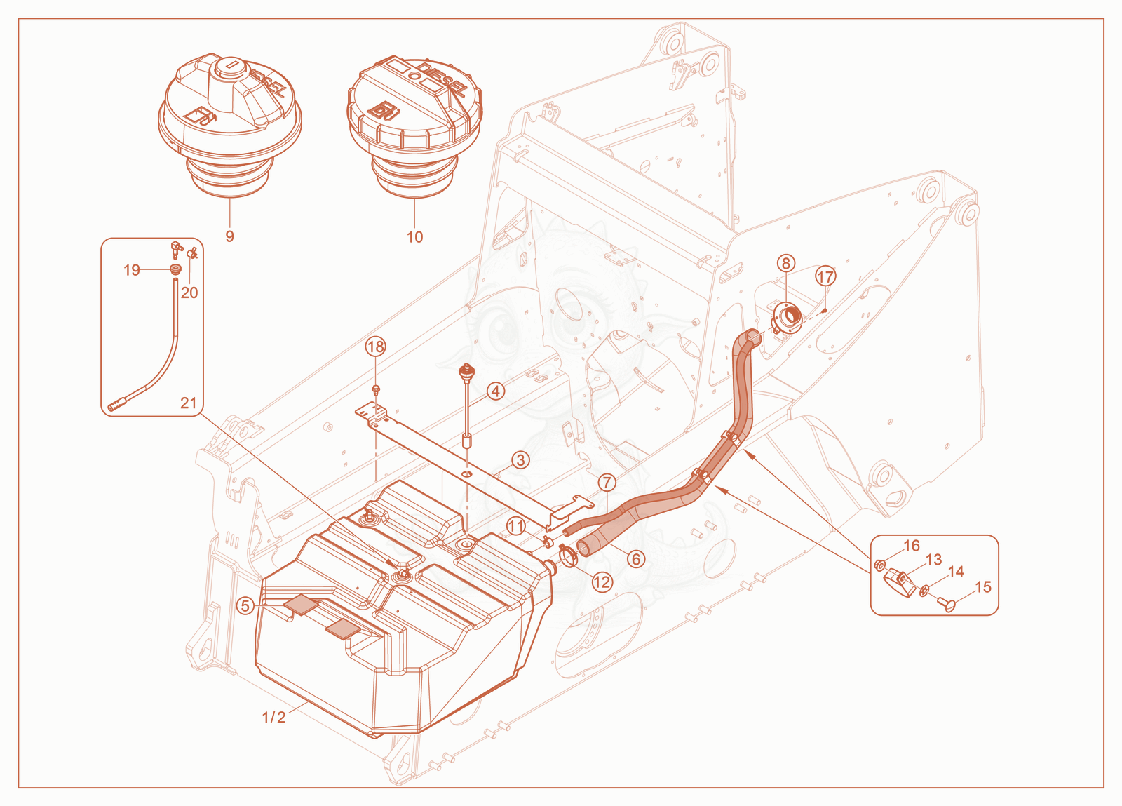 Exploded parts diagram of the Fuel Tank of a Wacker Neuson ST28(S05-5), with numbered balloons