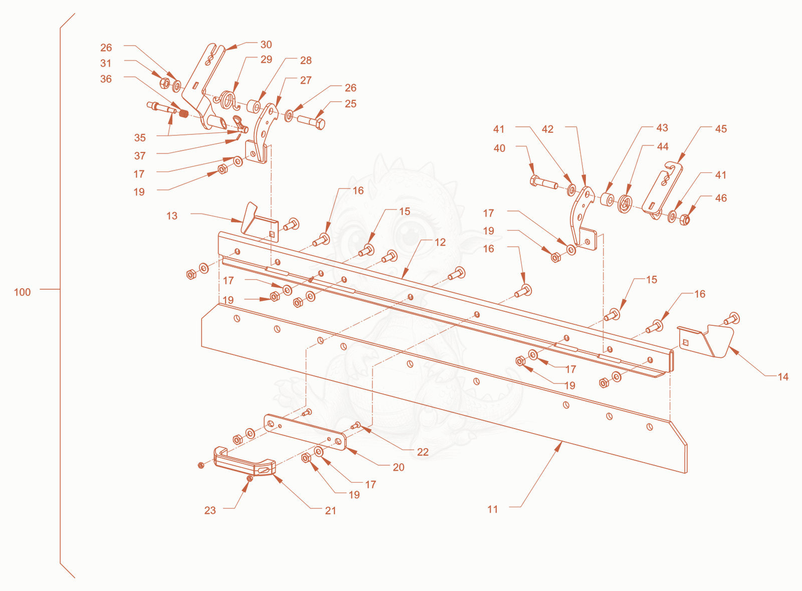 Exploded parts diagram of the foldable scraper of a Wacker Neuson RD28-120DPF, with numbered balloons