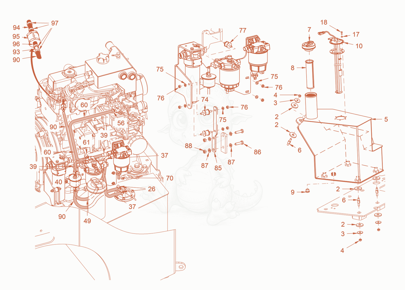 Exploded parts diagram of the fuel system of a Wacker Neuson RD28-120CCN, with numbered balloons
