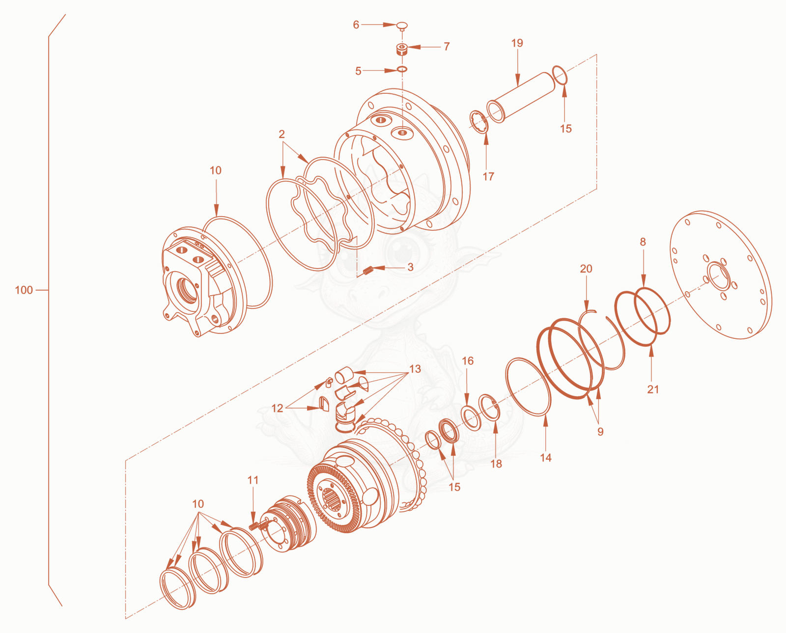 Exploded parts diagram of the gear hub motor of a Wacker Neuson RD18-100.3, with numbered balloons