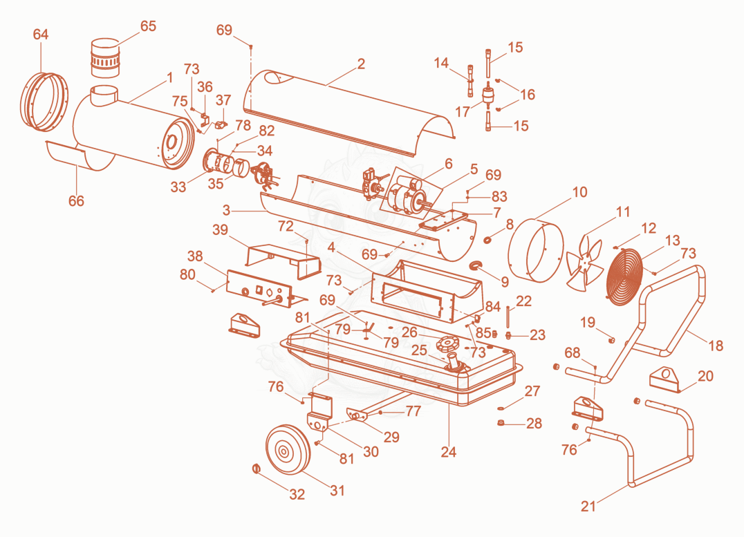 Exploded parts diagram of the Fire-place heater cpl. of a Wacker Neuson HI34, with numbered balloons