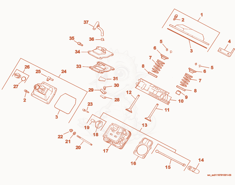 Exploded parts diagram of the Cylinder Head of a Wacker Neuson CRT36-23K-H, with numbered balloons
