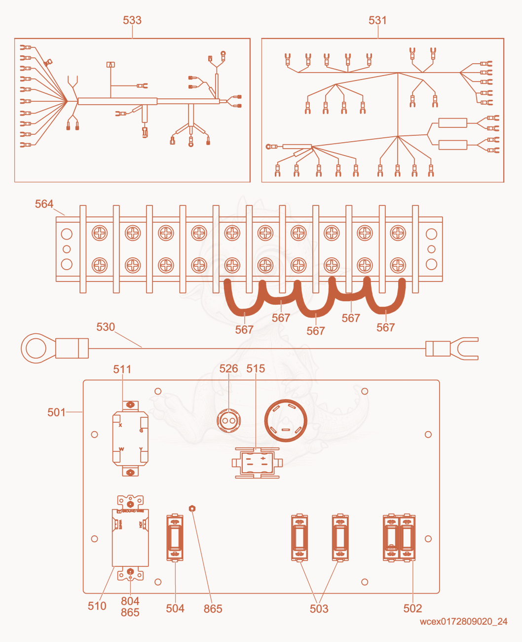 Exploded parts diagram of the Wiring Harness/Control Panel of a Wacker Neuson LTN6K, with numbered balloons